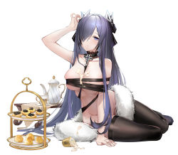 Rule 34 | 1girl, absurdres, arm support, arm up, august von parseval (azur lane), azur lane, between breasts, black ribbon, black thighhighs, breasts, collarbone, cup, food, food on body, food on breasts, full body, fur collar, groin, hair over one eye, highres, horns, janload1ng, large breasts, long hair, looking at viewer, mechanical horns, naked ribbon, parted lips, purple eyes, purple hair, ribbon, simple background, sitting, skindentation, solo, table, thighhighs, very long hair