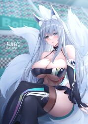 Rule 34 | 1girl, animal ear fluff, animal ears, artist name, azur lane, bare shoulders, black choker, black gloves, black skirt, black thighhighs, blue eyes, blurry, blurry background, blush, boots, breasts, bridal gauntlets, choker, cleavage, commentary, crossed legs, elbow gloves, feet out of frame, fox ears, fox tail, gloves, hair between eyes, halterneck, highleg, highleg leotard, highres, kitsune, large breasts, leotard, long hair, looking at viewer, miniskirt, momijizuki luna, multiple tails, official alternate costume, parted lips, race queen, see-through, shinano (azur lane), shinano (moonlit chrome) (azur lane), sidelocks, signature, sitting, skirt, solo, tail, thigh boots, thighhighs, thighhighs under boots, thighs, very long hair, white hair, white tail