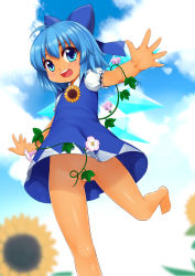 Rule 34 | 1girl, bare legs, barefoot, blue dress, blue eyes, blue hair, blush, bow, cirno, convenient censoring, dress, fairy, hair bow, happy, hidden star in four seasons, highres, ice, ice wings, microdress, no panties, open mouth, outstretched arms, puffy short sleeves, puffy sleeves, short sleeves, solo, tan, tanned cirno, touhou, upskirt, wings, wolflong