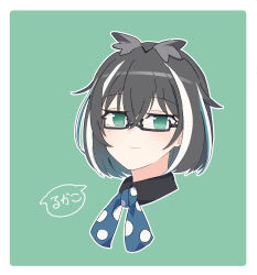 Rule 34 | 1girl, black-framed eyewear, black hair, blue bow, blue bowtie, blue eyes, blue hair, blush, border, bow, bowtie, closed mouth, commentary request, crossed bangs, glasses, green background, hair between eyes, head only, highres, kouta (kesigomutopen), long bangs, looking at viewer, multicolored hair, nanashi inc., oura rukako, oura rukako (1st costume), outline, short hair, smile, solo, streaked hair, white border, white hair, white outline