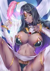 Rule 34 | 1girl, arm wrap, armor, artist name, between breasts, black hair, black panties, blush, bracelet, breasts, bridal gauntlets, caster of the nocturnal castle, circlet, cleavage, dark-skinned female, dark skin, detached collar, eyeliner, facepaint, fate/grand order, fate (series), forehead jewel, green eyes, highres, jewelry, jpeg artifacts, knees up, large breasts, legband, long hair, looking to the side, makeup, navel, obiwan, one eye closed, panties, parted bangs, parted lips, revealing clothes, ring, scheherazade (fate), scroll, shoulder armor, sitting, skindentation, smile, solo, spread legs, twitter username, underwear, veil