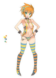 Rule 34 | 1girl, bikini, bikini bottom only, blue bikini, blue thighhighs, blush, breasts, color guide, detached collar, full body, green eyes, hairband, hands on own hips, medium breasts, monster hunter (series), navel, necktie, ohta yuichi, open mouth, orange hair, orange thighhighs, personification, short hair, simple background, solo, standing, striped bikini, striped bikini bottom, striped clothes, striped thighhighs, swimsuit, thighhighs, tigrex, white background, wrist cuffs