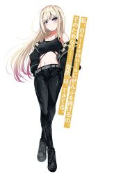 Rule 34 | 1girl, ai (denonbu), bare shoulders, belt, berryverrine, black footwear, black jacket, black pants, blonde hair, boots, breasts, closed mouth, crop top, denonbu, full body, gradient hair, grey belt, jacket, knee boots, logo, long hair, looking at viewer, medium breasts, multicolored hair, navel, off shoulder, official art, open clothes, open jacket, pants, pink hair, solo, standing, translation request, transparent background