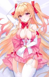 1girl absurdres arm_up bare_shoulders bed_sheet blonde_hair bow bowtie bracelet breasts cleavage commission demonia_(hiyono) dress elbow_gloves garter_straps gloves gradient_hair hair_ribbon highres jewelry large_breasts long_hair looking_at_viewer lying multicolored_hair on_back open_mouth original pink_dress q_cupid_p3 red_eyes ribbon second-party_source short_dress sleeveless sleeveless_dress solo thighhighs two_side_up very_long_hair white_gloves white_thighhighs