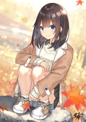 1girl autumn_leaves black_hair blue_eyes brown_coat coat grey_skirt highres leaf long_sleeves looking_at_viewer maple_leaf medium_hair miko_fly original sitting skirt smile solo sweater white_sweater