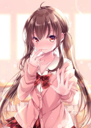Rule 34 | 1girl, ahoge, blurry, blurry background, blush, bow, brown hair, cardigan, chair, closed mouth, collared shirt, commentary request, day, depth of field, desk, dress shirt, hair between eyes, indoors, long hair, long sleeves, looking at viewer, nemuri nemu, nose blush, original, pink cardigan, plaid, plaid bow, plaid skirt, pleated skirt, red bow, red eyes, red skirt, school chair, school desk, school uniform, shirt, sidelocks, skirt, sleeves past wrists, solo, sunlight, twintails, very long hair, white shirt