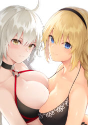 Rule 34 | 2girls, ahoge, anza tomo, ass, bare shoulders, bikini, black bikini, black choker, black gloves, blonde hair, blue eyes, blush, breast press, breasts, choker, cleavage, closed mouth, collarbone, commentary request, fate/grand order, fate (series), gloves, hair between eyes, hairband, jeanne d&#039;arc alter (swimsuit berserker) (fate), jeanne d&#039;arc (fate), jeanne d&#039;arc (swimsuit archer) (fate), jeanne d&#039;arc (swimsuit archer) (first ascension) (fate), jeanne d&#039;arc alter (fate), jeanne d&#039;arc alter (swimsuit berserker) (fate), large breasts, long braid, long hair, looking at viewer, multiple girls, o-ring, o-ring bikini, o-ring top, silver hair, simple background, smile, swimsuit, symmetrical docking, very long hair, white background, yellow eyes