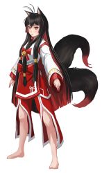 Rule 34 | 1girl, animal ears, antenna hair, arms at sides, barefoot, bell, blush, bow, braid, brown eyes, brown hair, commentary request, fox ears, fox girl, fox tail, full body, hair bell, hair bow, hair ornament, highres, japanese clothes, jingle bell, kimono, legs apart, long hair, long sleeves, looking at viewer, maritan (pixelmaritan), multicolored hair, multiple tails, original, red bow, red hair, simple background, solo, standing, tail, two-tone hair, two tails, very long hair, white background, wide sleeves
