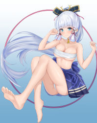 Rule 34 | 1girl, absurdres, ayaka (genshin impact), bare arms, bare legs, bare shoulders, barefoot, blue background, blue eyes, blue skirt, blunt bangs, blush, breasts, cameltoe, chest sarashi, cleavage, closed mouth, collarbone, feet, floating hair, foot focus, foreshortening, full body, genshin impact, gold choker, gradient background, hair ornament, hair ribbon, hakama, hakama skirt, hands up, high ponytail, highres, invisible chair, japanese clothes, legs, long hair, looking at viewer, medium breasts, mole, mole under eye, navel, no shirt, panties, parfait desu, partially undressed, ponytail, ribbon, sarashi, sidelocks, silver hair, sitting, skirt, soles, solo, stomach, tassel, tassel choker, thighs, toes, tress ribbon, underwear, very long hair, white background, white panties