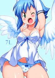 Rule 34 | 1girl, angel, angel of light nanael, angel wings, armpits, arms up, asymmetrical wings, bare shoulders, blue hair, blush, breasts, cameltoe, commentary request, elbow gloves, gloves, gluteal fold, green eyes, looking at viewer, medium breasts, nanael (queen&#039;s blade), nanael (queen's blade), one eye closed, open mouth, panties, polka dot, polka dot panties, queen&#039;s blade, shiny skin, short hair, solo, thighs, underwear, wings, yu 3