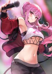Rule 34 | 1girl, armpits, ayamy, black pants, breasts, cowboy shot, crop top, crop top overhang, fishnets, groin, highres, holding, holding microphone, hololive, hololive english, jacket, long hair, long torso, looking at viewer, medium breasts, microphone, midriff, mori calliope, mori calliope (streetwear), navel, off shoulder, official alternate costume, open clothes, open jacket, pants, pink hair, ponytail, red eyes, red jacket, shirt, skull and crossbones, sleeveless, sleeveless shirt, smile, solo, stomach, underboob, virtual youtuber, white shirt