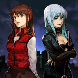 Rule 34 | 2girls, arms behind back, black background, black nails, blue eyes, blue hair, bodysuit, breasts, brown eyes, brown hair, center opening, city, cleavage, collar, collarbone, crossed arms, hair ornament, hairclip, hungry clicker, lipstick, long hair, looking at viewer, makeup, megami tensei, moon, multiple girls, nail polish, nemissa, night, night sky, pale skin, shin megami tensei, short hair, simple background, sky, solo, soul hackers, tattoo, tono hitomi, white hair, zipper