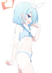 Rule 34 | 1girl, absurdres, arona (blue archive), ass, bare arms, bare legs, bare shoulders, bikini, blue archive, blue bikini, blue eyes, blue hair, blush, braid, cowboy shot, flat chest, from side, groin, hagoonha, halo, heart, heart halo, highres, looking at viewer, navel, open mouth, profile, red halo, short hair, simple background, smile, solo, swimsuit, twin braids, wet, white background