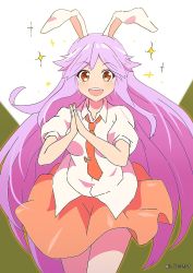 Rule 34 | 1girl, :d, animal ears, blush, breasts, collared shirt, commentary request, cowboy shot, highres, kaisendonburi, long hair, looking at viewer, medium breasts, necktie, open mouth, own hands together, pink skirt, puffy short sleeves, puffy sleeves, purple hair, rabbit ears, red eyes, red necktie, reisen udongein inaba, shirt, short sleeves, sidelocks, skirt, smile, solo, sparkle, teeth, tie clip, touhou, twitter username, upper teeth only, white shirt, wing collar