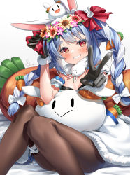 Rule 34 | 1girl, animal ear fluff, animal ears, arm up, bed sheet, black gloves, blue hair, blush, bow, braid, breasts, brown pantyhose, carrot, carrot hair ornament, commentary request, creature on head, detached sleeves, don-chan (usada pekora), dress, feet out of frame, food-themed hair ornament, fur-trimmed dress, fur scarf, fur trim, gloves, grin, hair bow, hair ornament, hand up, head wreath, highres, hololive, kito koruta, legs, long hair, looking at viewer, multicolored hair, outstretched arm, pantyhose, pekomon (usada pekora), rabbit-shaped pupils, rabbit ears, red bow, red eyes, scarf, short eyebrows, short sleeves, signature, simple background, sitting, smile, solo, stuffed animal, stuffed carrot, stuffed rabbit, stuffed toy, symbol-shaped pupils, thick eyebrows, thigh strap, twin braids, twintails, two-tone hair, usada pekora, usada pekora (1st costume), v, virtual youtuber, white background, white dress, white hair, white scarf