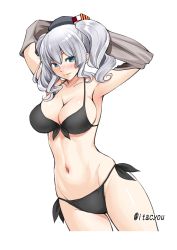 Rule 34 | 1girl, armpits, arms up, bikini, black bikini, blue eyes, breasts, cleavage, collarbone, commentary request, cowboy shot, cropped legs, front-tie top, groin, highres, itachou, kantai collection, kashima (kancolle), large breasts, navel, side-tie bikini bottom, sidelocks, silver hair, simple background, solo, swimsuit, twintails, twitter username, undressing, wavy hair, white background, wide hips