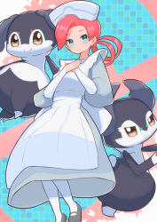 Rule 34 | 1girl, apron, black outline, blue eyes, blush, closed mouth, commentary request, creatures (company), dress, eyelashes, game freak, gen 8 pokemon, grey dress, grey footwear, hands on own chest, hat, highres, indeedee, indeedee (female), indeedee (male), joy (pokemon), long hair, looking at viewer, nintendo, nuneno, nurse, nurse cap, outline, own hands together, pantyhose, pink hair, pokemon, pokemon (anime), pokemon (creature), pokemon journeys, shoes, smile, white apron, white pantyhose