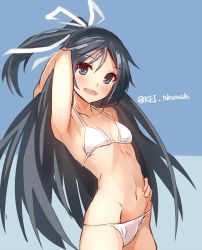 Rule 34 | 10s, 1girl, alternate costume, arm behind head, armpits, bare shoulders, bikini, black hair, blue background, blue eyes, breasts, groin, hand on own hip, kantai collection, katsuragi (kancolle), long hair, looking at viewer, messy hair, navel, open mouth, simple background, skinny, small breasts, smile, solo, swimsuit, takanashie, white bikini