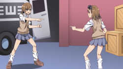 Rule 34 | 2girls, absurdres, brown eyes, brown hair, clenched hand, closed mouth, derivative work, female focus, full body, goggles, goggles on head, highres, index finger raised, loafers, loose socks, marvel, meme, misaka imouto, misaka mikoto, multiple girls, outstretched arm, parody, pleated skirt, pointing, pointing at another, pointing spider-man (meme), pout, scene reference, school uniform, shoes, short hair, siblings, sisters, skirt, socks, spider-man (series), sweater vest, tanny v, toaru kagaku no railgun, toaru majutsu no index, tokiwadai school uniform
