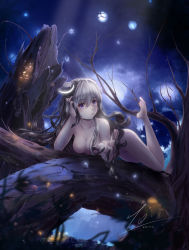 Rule 34 | 1girl, absurdres, breasts, collarbone, copyright request, gradonlong, headset, highres, long hair, lying, night, no nipples, nude, parted lips, purple eyes, silver hair, solo, tree
