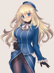 Rule 34 | 10s, 1girl, atago (kancolle), beret, black gloves, blonde hair, blue eyes, blush, breasts, cowboy shot, gloves, hat, kantai collection, large breasts, long hair, military, military uniform, pantyhose, shintou, simple background, sketch, solo, uniform