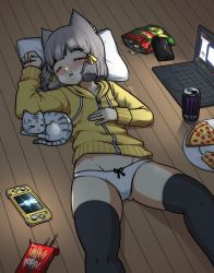 Rule 34 | alten, animal ears, black legwear, black ribbon, bow, bow panties, cameltoe, cat, cat ears, cat tail, cellphone, chips (food), closed eyes, computer, dromarch (xenoblade), energy drink, food, game console, green hair, highres, hood, hoodie, laptop, lying on ground, monster, nia (xenoblade), night, nintendo, nintendo switch, no pants, on ground, open mouth, panties, phone, pillow, pizza, pocky, ribbon, screen light, sleeping, smartphone, tail, thighhighs, thighs, underwear, white panties, xenoblade chronicles (series), xenoblade chronicles 2, yellow hoodie, yellow ribbon