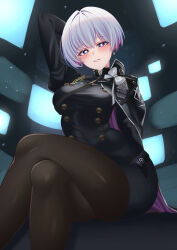 Rule 34 | + +, 1girl, absurdres, arm behind head, black cape, black jacket, black pantyhose, blue eyes, blush, breasts, cape, colored inner hair, crossed legs, earrings, goddess of victory: nikke, grin, highres, jacket, jewelry, liliweiss (nikke), medium breasts, military uniform, multicolored hair, pantyhose, parted lips, pink hair, purple cape, short hair, sitting, skin tight, smile, solo, star-shaped pupils, star (symbol), symbol-shaped pupils, two-sided cape, two-sided fabric, uniform, wanzi (99wanzi99), white hair