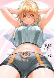 Rule 34 | 1girl, absurdres, armpits, arms behind head, arms up, bad perspective, blonde hair, blush, bokutachi no remake, breasts, cowboy shot, crop top, grey background, grey shirt, highres, kogure nanako, large breasts, long hair, looking at viewer, lying, midriff, multicolored background, navel, on back, orange eyes, shirt, shorts, sleeveless, smile, solo, striped, translation request, yanngoto