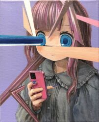 Rule 34 | 1girl, blouse, blue eyes, blue nails, blush, cellphone, expressionless, faux traditional media, female focus, glitch, holding, holding phone, long hair, original, phone, purple background, purple hair, sawada moko, shirt, simple background, smartphone, solo, upper body