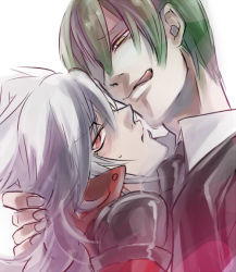 Rule 34 | 1boy, 1girl, alpha-01, arc system works, blazblue, gender request, genderswap, green hair, hazama, height difference, hetero, kaneaki mukku, licking lips, naughty face, ragna the bloodedge, red eyes, short hair, silver hair, tongue, tongue out, yellow eyes