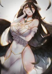 Rule 34 | 1girl, absurdres, albedo (overlord), bare shoulders, black hair, breasts, cleavage, curvy, highres, hip vent, horns, large breasts, long hair, looking at viewer, low wings, open mouth, overlord (maruyama), solo, wide hips, wings, xing, yellow eyes