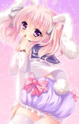 Rule 34 | 1girl, animal ears, ass, bad id, bad pixiv id, bloomers, bow, clothing cutout, detached sleeves, from behind, long hair, looking back, no pants, noda shuha, open mouth, original, pink eyes, pink hair, rabbit ears, ribbon, school uniform, serafuku, solo, tail, tail through clothes, thighhighs, tongue, twintails, underwear