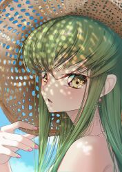 Rule 34 | 1girl, absurdres, alternate costume, backlighting, bare shoulders, blue sky, blush, budgiepon, c.c., cherry blossoms, close-up, code geass, commentary, dappled sunlight, day, earrings, eyelashes, eyes visible through hair, food print, from side, glint, green hair, hair between eyes, hand up, hat, highres, holding, holding clothes, holding hat, jewelry, lips, long hair, looking at viewer, nail polish, necklace, nose, outdoors, parted lips, pink nails, sidelocks, sky, solo, straight hair, straw hat, sunlight, watermelon print, yellow eyes