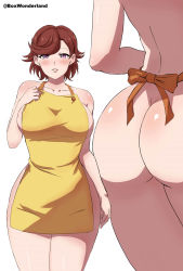 Rule 34 | 1girl, absurdres, apron, artist name, ass, blush, box wonderland, brown hair, close-up, from behind, highres, looking at viewer, love live!, love live! superstar!!, mature female, medium hair, multiple views, naked apron, no bra, no panties, parted lips, purple eyes, shibuya kanon&#039;s mother, simple background, standing, thighs, white background