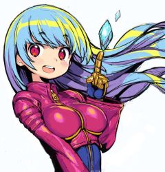 Rule 34 | 1girl, blue hair, breasts, gloves, ice, kula diamond, long hair, looking at viewer, medium breasts, onono imoko, open mouth, red eyes, simple background, smile, solo, teeth, the king of fighters, upper teeth only, white background