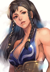 Rule 34 | 1girl, alternate hair length, alternate hairstyle, bare shoulders, black hair, braid, breasts, capcom, chun-li, cleavage, collarbone, hair down, hungry clicker, large breasts, lips, long hair, looking to the side, official alternate costume, parted lips, sash, short eyebrows, side braids, simple background, solo, street fighter, upper body, white background