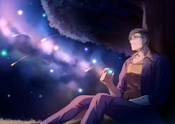 Rule 34 | 1boy, absurdres, akaie11, blue-framed eyewear, blue eyes, blue jacket, blue pants, daidou shinove, feet out of frame, glasses, grass, green hair, highres, holding, holding star, holostars, jacket, looking up, male focus, night, orange shirt, pants, pectoral cleavage, pectorals, print shirt, shirt, shooting star, short hair, sideburns, sitting, sky, smile, smiley face, solo, star (sky), star (symbol), starry sky, tree, under tree