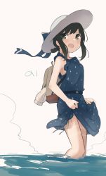 Rule 34 | 1girl, absurdres, anchor symbol, backpack, bag, beige background, black hair, blue dress, blush, dress, fubuki (kancolle), green eyes, hair between eyes, hat, highres, kantai collection, ma rukan, open mouth, partially submerged, polka dot, polka dot dress, short hair, signature, simple background, solo, water, white hat