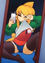 Rule 34 | 1girl, black thighhighs, blonde hair, blue skirt, cellphone, closed eyes, closed mouth, clothes lift, d-floe, facing viewer, fins, fish tail, green hoodie, head fins, highres, holding, holding phone, hood, hoodie, hoodie lift, lifted by self, long hair, long sleeves, multicolored clothes, multicolored hoodie, orange shirt, original, patreon logo, phone, pleated skirt, selfie, shark girl, shark tail, shirt, sitting, skirt, smartphone, solo, swept bangs, tail, thighhighs, v, v over eye, white hoodie