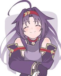Rule 34 | 1girl, ahoge, armor, blush, breastplate, closed eyes, closed mouth, commentary request, detached sleeves, facing viewer, fingerless gloves, gloves, hairband, long hair, long sleeves, parted bangs, purple gloves, purple hair, red hairband, smile, solo, sword art online, upper body, yumeru desu, yuuki (sao)