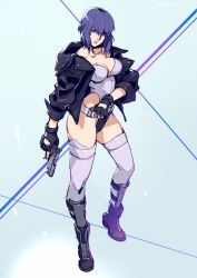 Rule 34 | 1girl, belt, breasts, closed mouth, commentary request, fingerless gloves, full body, ghost in the shell, ghost in the shell stand alone complex, gloves, gun, highleg, holding, holding gun, holding weapon, jacket, kotatsu (g-rough), kusanagi motoko, leotard, looking at viewer, medium breasts, open clothes, open jacket, purple hair, red eyes, short hair, smile, solo, standing, thighhighs, weapon