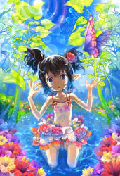 Rule 34 | 1girl, :o, bad id, bad pixiv id, black hair, blue eyes, bubble, bug, butterfly, casual one-piece swimsuit, colorful, flower, hair flower, hair ornament, hibiscus, insect, kneeling, looking at viewer, mano (narumi arata), narumi arata, navel, one-piece swimsuit, open mouth, original, partially submerged, plant, pointy ears, red flower, red rose, rose, see-through, solo, swimsuit, twintails, water, wide-eyed