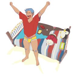 Rule 34 | 1boy, bed, blue hair, blush, boxer (danshikobo), briefs, bulge, closed eyes, handheld game console, male focus, male underwear, nintendo ds, red shirt, shirt, simple background, stretching, stuffed toy, tan, tanline, thick thighs, thighs, tissue box, underwear, white background, yawning, yellow briefs