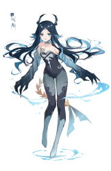 Rule 34 | 1girl, absurdres, blue eyes, blue hair, blue pantyhose, bodysuit, bonanus (genshin impact), breasts, chinese clothes, genshin impact, highres, horns, long hair, looking at viewer, off shoulder, pantyhose, simple background, smile, solo, water, white background, yajuu