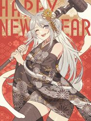 Rule 34 | 1girl, ;d, absurdres, alternate costume, animal ears, arknights, black kimono, black thighhighs, chinese zodiac, cowboy shot, detached sleeves, floral print, grey eyes, grey hair, hammer, happy new year, highres, holding, holding hammer, japanese clothes, kimono, long hair, long sleeves, looking at viewer, new year, one eye closed, open mouth, print kimono, rabbit ears, savage (arknights), smile, solo, tanagawa makoto, teeth, thighhighs, upper teeth only, very long hair, wide sleeves, year of the rabbit, zettai ryouiki