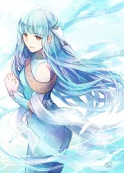 Rule 34 | 1girl, bare shoulders, blue hair, cape, dress, fire emblem, fire emblem: the blazing blade, fire emblem heroes, hair ornament, highres, long hair, looking at viewer, ninian, nintendo, pointy ears, red eyes, solo, tarayuki