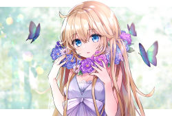 Rule 34 | 1girl, akariko, bare arms, blonde hair, blue eyes, blue flower, blurry, blurry background, bow, breasts, bug, butterfly, cleavage, commentary request, day, dress, fingernails, flower, hair between eyes, hands up, head tilt, highres, insect, leaf, lens flare, looking at viewer, motion blur, original, parted lips, pink flower, purple dress, purple flower, sleeveless, sleeveless dress, small breasts, solo, sunlight, tree, upper body, white flower, wreath