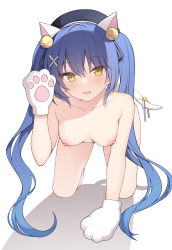 Rule 34 | 1girl, :d, all fours, amamiya kokoro, animal ears, animal hands, barefoot, bell, beret, black hat, black ribbon, blue hair, breasts, cat ears, cat tail, collarbone, commentary request, completely nude, full body, gloves, hair bell, hair between eyes, hair ornament, hair ribbon, hairclip, hat, highres, jingle bell, jyt, long hair, looking at viewer, nijisanji, nipples, nude, open mouth, paw gloves, ribbon, shadow, small breasts, smile, solo, tail, tail bell, tail ornament, twintails, very long hair, virtual youtuber, white background, white gloves, x hair ornament, yellow eyes