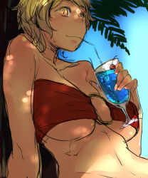 Rule 34 | 1girl, adapted costume, bakuya, bandeau, bikini, blonde hair, blush, breasts, cherry, cleavage, dappled sunlight, drink, drinking, drinking straw, food, fruit, highres, leaning back, looking at viewer, o-ring, o-ring top, sitting, sketch, slit pupils, smile, solo, sunlight, swimsuit, toramaru shou, touhou, tree, underboob, upper body, yellow eyes