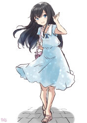Rule 34 | 1girl, alternate costume, asashio (kancolle), bag, black hair, blue dress, blue eyes, dress, fuji (pixiv24804665), full body, handbag, highres, kantai collection, long hair, looking at viewer, see-through silhouette, simple background, smile, solo, standing, toeless footwear, white background